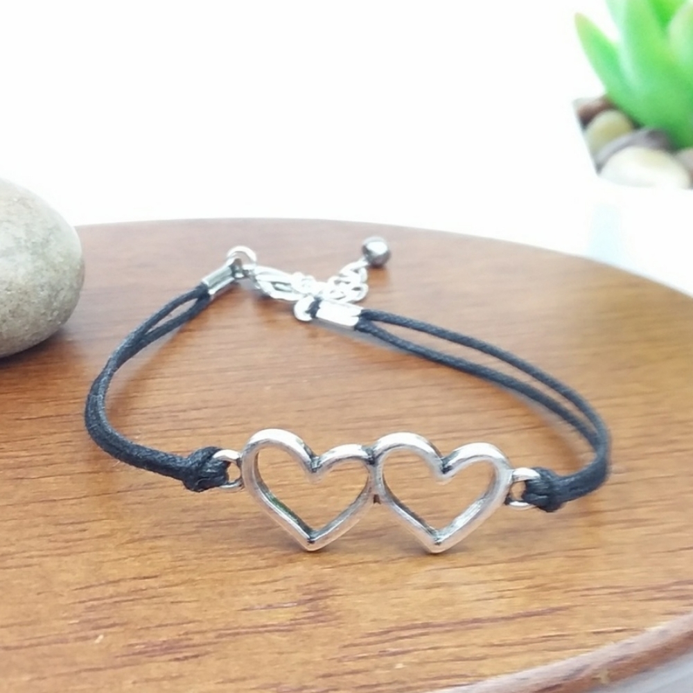 Double Heart Black Cord Bracelet